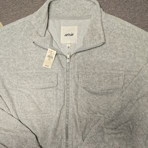Aerie Cropped Full Zip Jacket Women's M Gray Ribbed Cotton Blend Double Pockets
